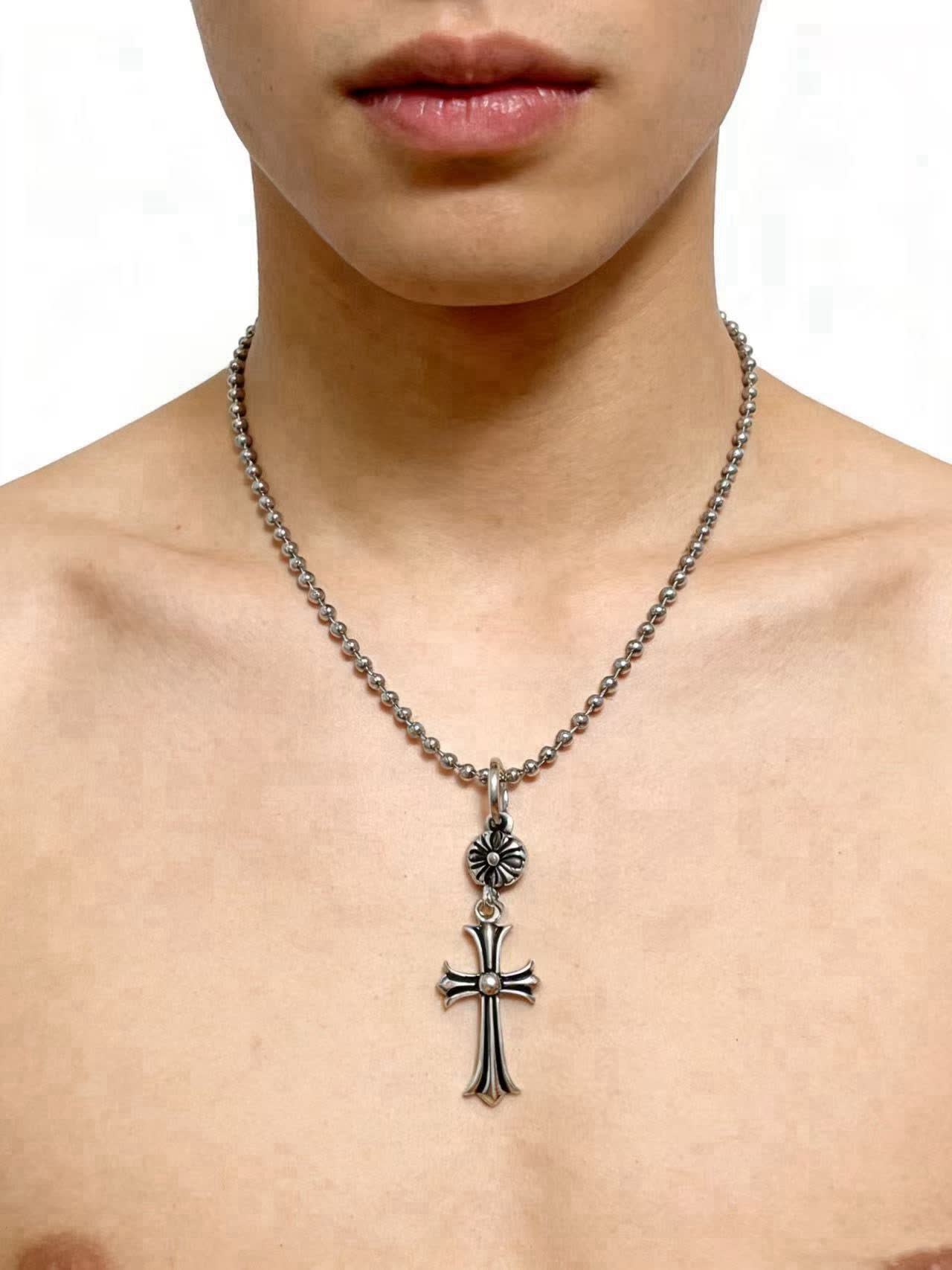 Chrome Hearts Silver Beaded Cross Necklace